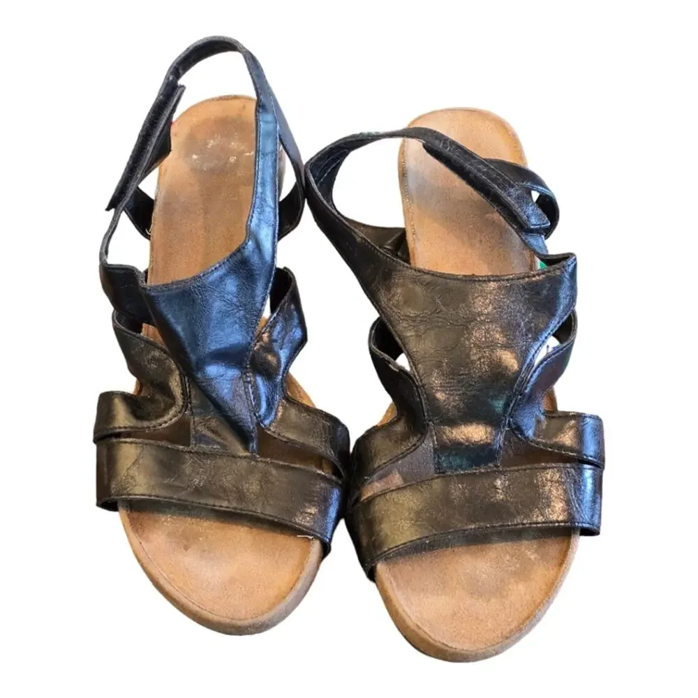 Women's Black Strappy‎ Leather Wedge Sandals Size 10